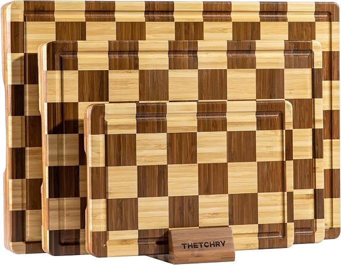 THETCHRY Bamboo Cutting Board Set, Checkered Wood Cutting Boards for Kitchen with Juice Groove, Non Toxic Wooden Charcuterie Boards, Non Slip Chopping Board for Meat Fruit Cheese, Housewarming Gift