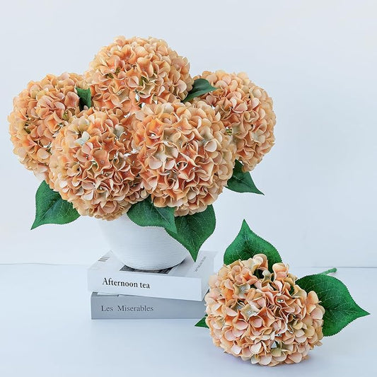 ZYTUYO 5 Pcs Peach Orange Silk Hydrangeas Artificial Flower Boho Dried Touch 20'' Faux Hydrangeas for Indoor Home Decor Kitchen Living Room Outdoor Porch Wedding Flower Arrangement