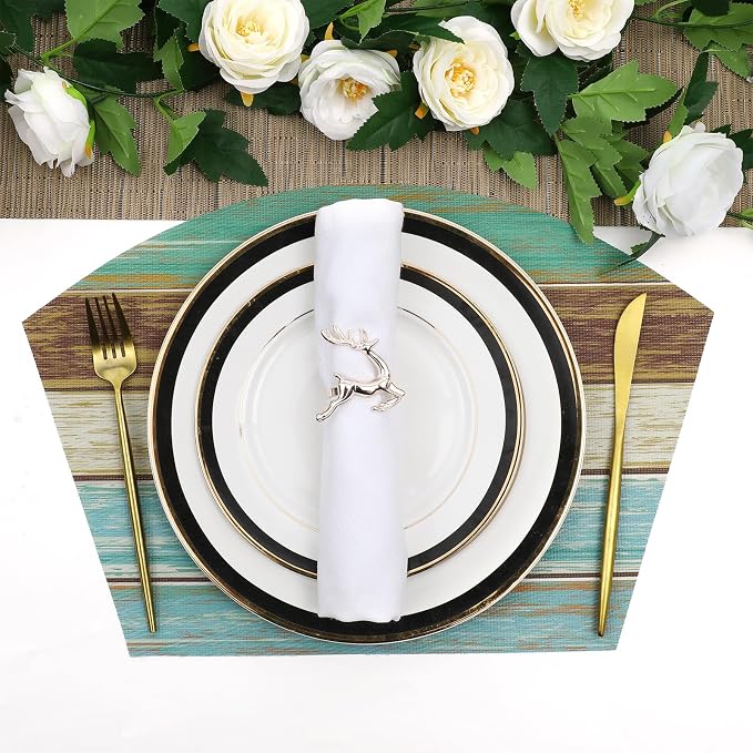 SHACOS Small Round Table Placemats Set of 5 Woven Vinyl Wedge Placemats with Centerpiece Round Table Mats Wipe Clean, Teal Brown Stripe Wood Board