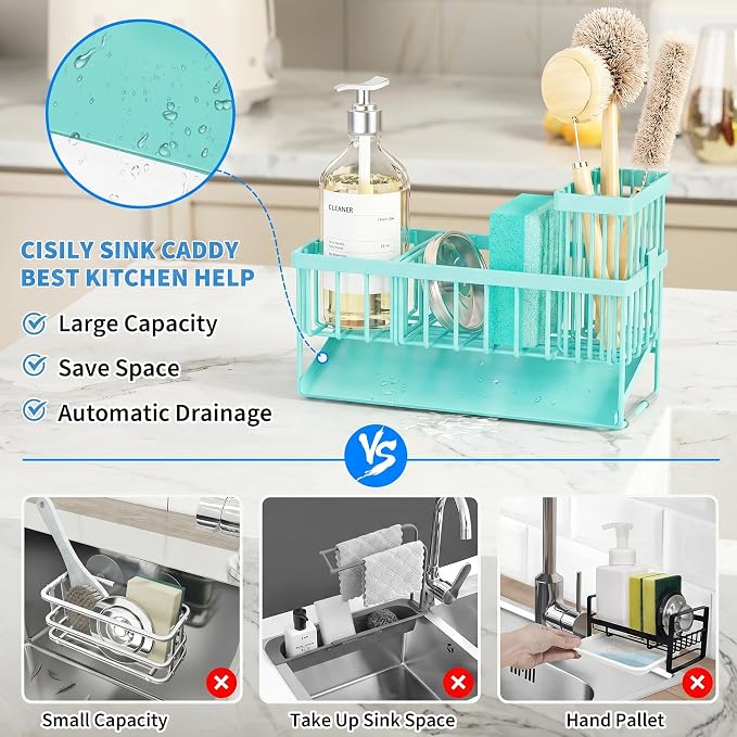 Cisily Kitchen Sink Caddy Organzier with High Brush Holder, Sponge Holder for Sink, 304 Rustproof Stainless, Kitchen Countertop Soap Dispenser Organizer (Turquoise, 9.25″)