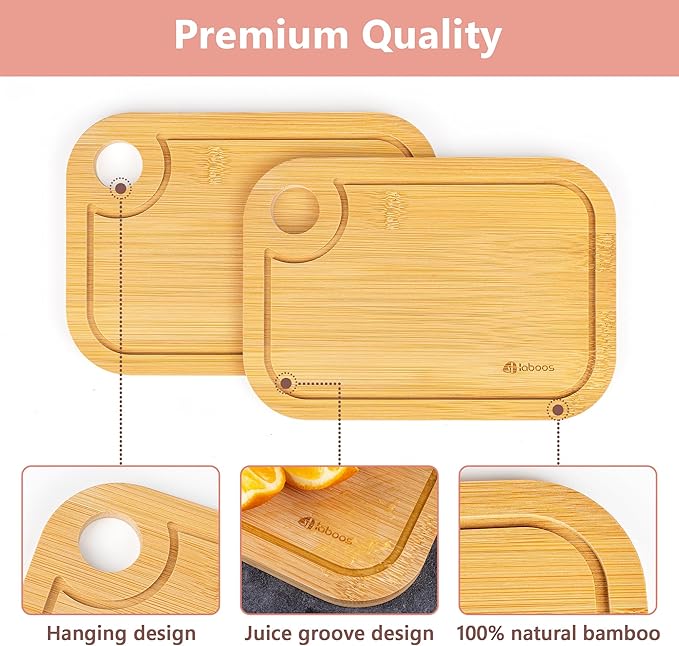 Mini Bamboo Cutting Board Set of 2 - Small Wooden Chopping Boards with Juice Groove, Lightweight & Compact for Baby Food, Dorm, Travel, Camping - 8.5”x6” Easy-to-Store Kitchen Essentials