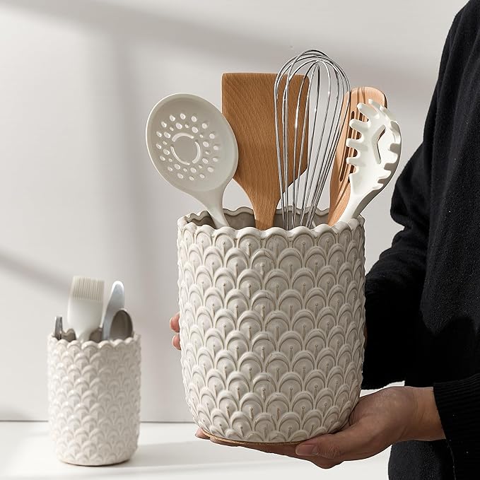 JIEMEI HOME Kitchen Utensil Holder, Large 7.5"+6.2" Petal Ceramic Utensil Crock for Countertop, Utensil Holder with Cork Mat, Morden Utensil Organizer for Spatula, Kitchen Decor, Set of 2, Aged Ivory