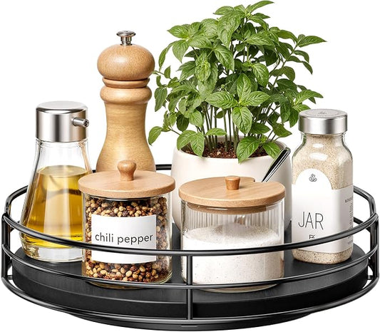 Optish 9" Lazy Susan Turntable for Table Top, Wooden Lazy Susan Organizer for Cabinet, Kitchen, Countertop, Pantry, Spice Organizer, Bathroom, Vanity, Table Deco, Black, Non-Slip Bottom
