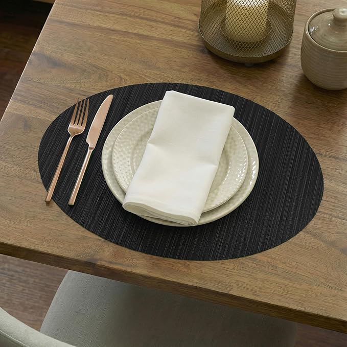 AHHFSMEI Oval Placemats Set of 6 Woven Vinyl Non-Slip Heat Resistant Stain Resistant Easy Clean Place mats for Dining Table(Black)