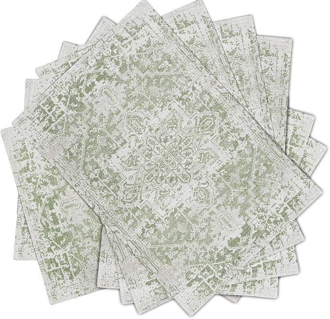 Gray Light Green Boho Placemats Set of 6 Ethnic Bohemian Carpet Place Mats Washable Kitchen Dining Vintage Grey Geography Floral Linen Table Mats Stain Heat-Resistant for Home Party Indoor 12x18 in