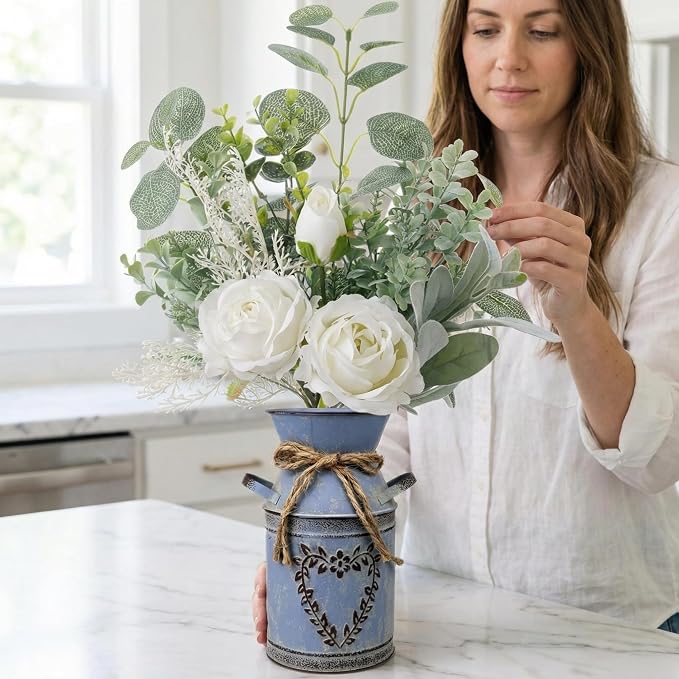 Faux Flowers in Vase 17.5" H Artificial Silk Roses Flower Fake Plants Eucalyptus Arrangement in Metal Vase Faux Silk Floral for Dining Table Centerpieces Home Office Decoration (White/Blue Vase)