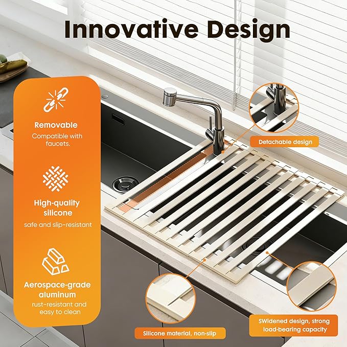 Foldable Over Sink Dish Drying Rack, Extra Wide & Thick Rust-Proof Aluminum Sink Cover for Counter Space, Collapsible Dish Drying Rack Fits Most Kitchen Sinks (White, 20.5“x13.6)
