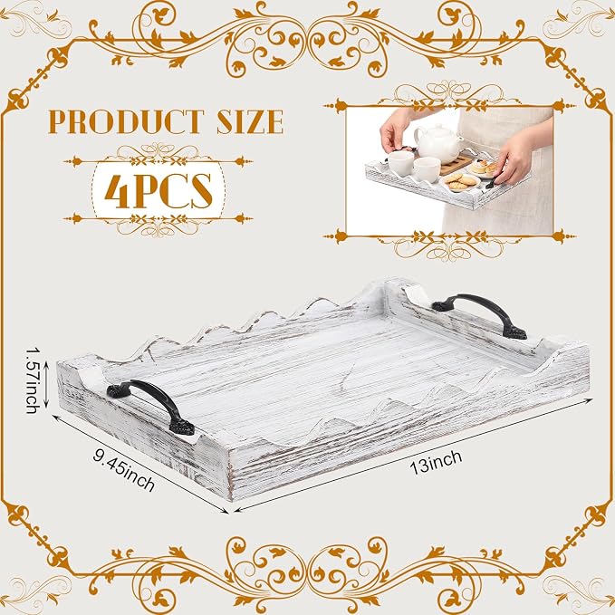 4 Pcs Rustic Wood Scalloped Serving Tray Wood Decorative Serving Tray with Handle Rustic Rectangular Platter 13 x 9.5 for Farmhouse Ottoman Breakfast Coffee Table Home Kitchen Decor(White)