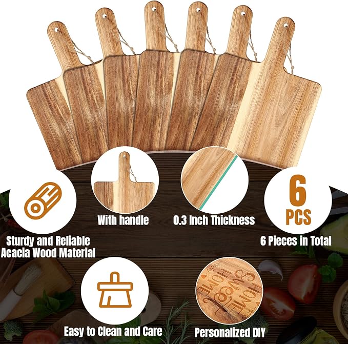 Patelai 6 Pcs Cutting Board Set with Handles 21.5 x 8.75 Inch Laser Engraving Wooden Charcuterie Kitchen Plain Serving Chopping Board Bulk for DIY Housewarming