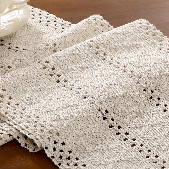 Boho Woven Cotton Linen Table Runner Beige 11"x70" with Tassels Rustic Macrame Farmhouse Table Runner Summer Decor for Dining Room Wedding Kitchen Party