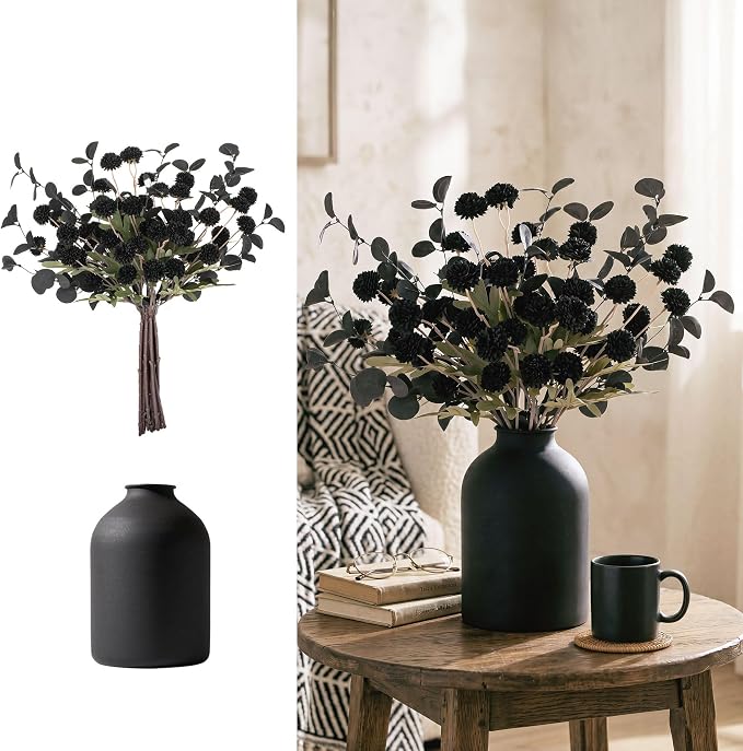 BLOSMON Black Flowers Artificial for Table: Metal Vase with 12 Stems of Fake Mums Eucalyptuses Centerpieces for Dining Room - Faux Silk Pom Poms Floral Arrangements Black Kitchen Home Decor Indoor