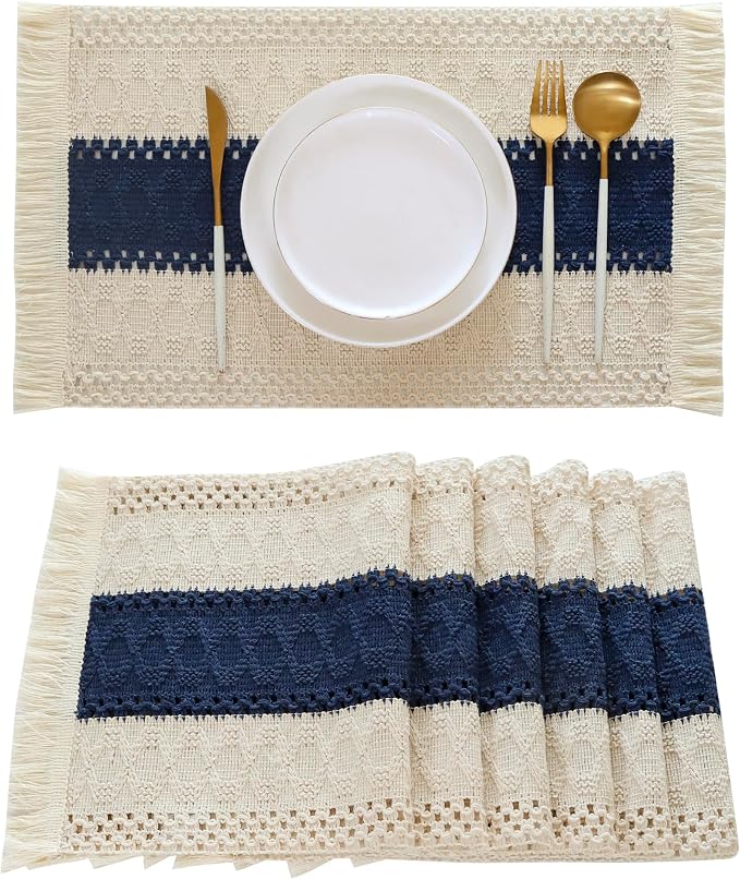 Boho Placemats Set of 6 Macrame Table Decor with Fringe Farmhouse Woven Placemats in Natural Burlap for Kitchen and Dining Table Centerpiece Home Decorations, Navy Blue