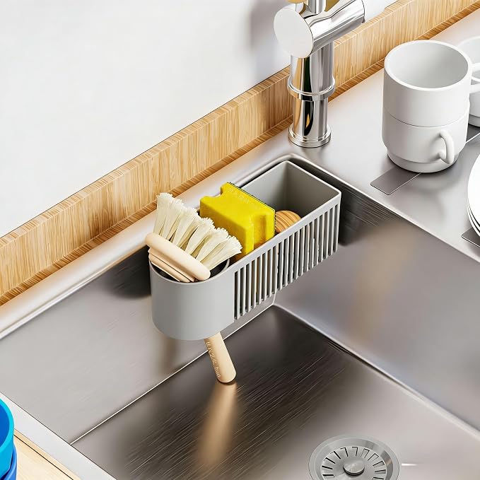 SuoXing Inside Sink Sponge Holder,Grey Rustproof Sink Caddy and Scrub Holder for Kitchen Sink with Suction Cup,Adhesive,Plastic Dish Sink Organizer for Scrub Brush,Scrubber,Dish Sponge,Spinge Holder