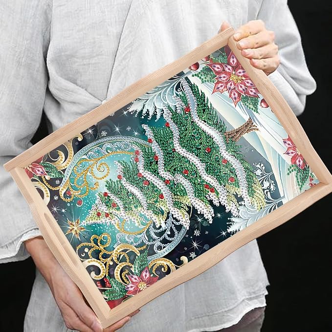 DIY Diamond Serving Tray Rectangular Breakfast Tray with Handle Handmade Diamond Art Painting Wooden Tray for Dinner Plate Coffee Room Living Home Organizer-Christmas Tree