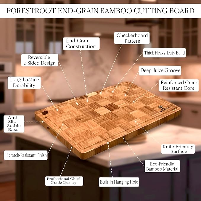 Premium Bamboo Cutting Board-15x10 Inch - End Grain Heavy Duty Cutting Board with Juice Groove, Built-In Handle & Hanging Hole, Knife-Safe Chopping Board for Meat, Vegetables & Kitchen Prep