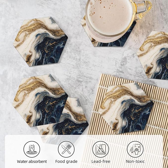 Modern Blue Beige Gold Marble Set of 6 Drinks Ceramic Coasters with Holder Funny Absorbent Cup Coasters with Cork Desk Table Protection Coffee Table Decor