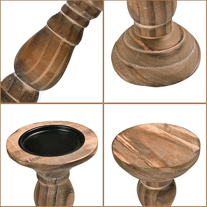 Yorkmills Pillar Candle Holder Set of 3, Farmhouse Decor Living Room Tall Candle Holders for Pillar Candles, Wood Candle Holders for Table Centerpieces Brown Home Decor Kitchen Dining Room Table Decor