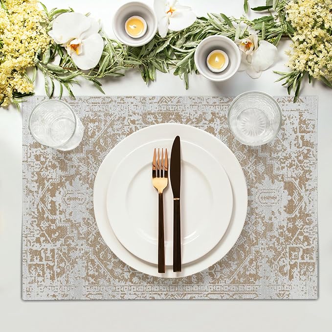 Gray Khaki Boho Placemats Set of 6 Ethnic Bohemian Carpet Place Mats Washable Kitchen Dining Vintage Grey Geography Floral Linen Table Mats Stain Heat-Resistant for Home Party Indoor 12x18 in