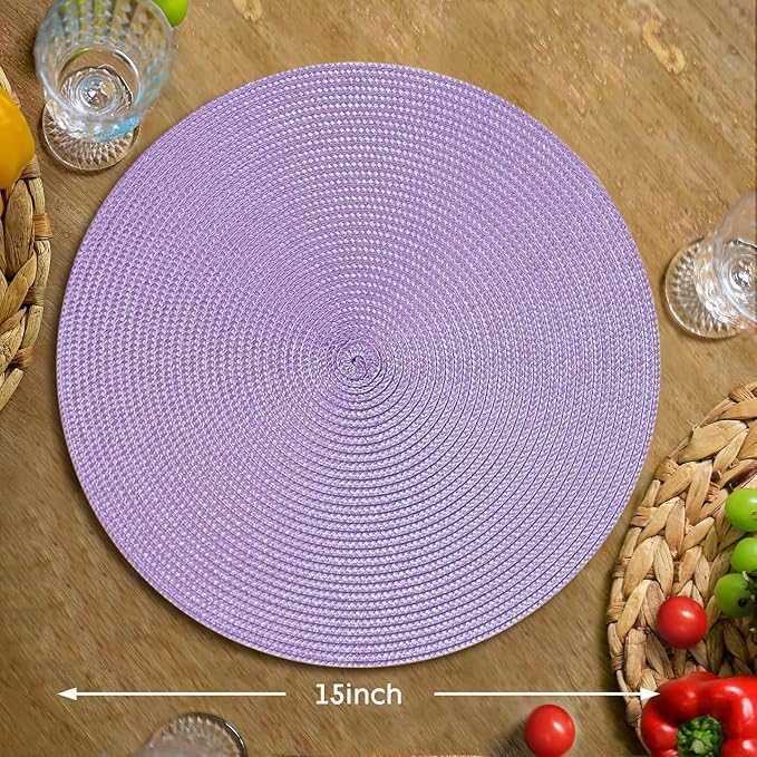 FunWheat Round Braided Placemats Set of 6 Table Mats for Dining Tables Woven Washable Non-Slip Place mats 15 inch(Lilac Purple, 6pcs)