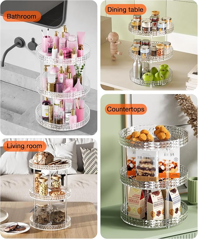 3Tier Diamond Lazy Susan Bathroom Countertop Organizer, 360° Clear Rotating Makeup Cosmetic Perfume Storage Tray, Spinning Vanity Organizer Shelf for Bathroom Cabinet, Dresser, Kitchen(Large)