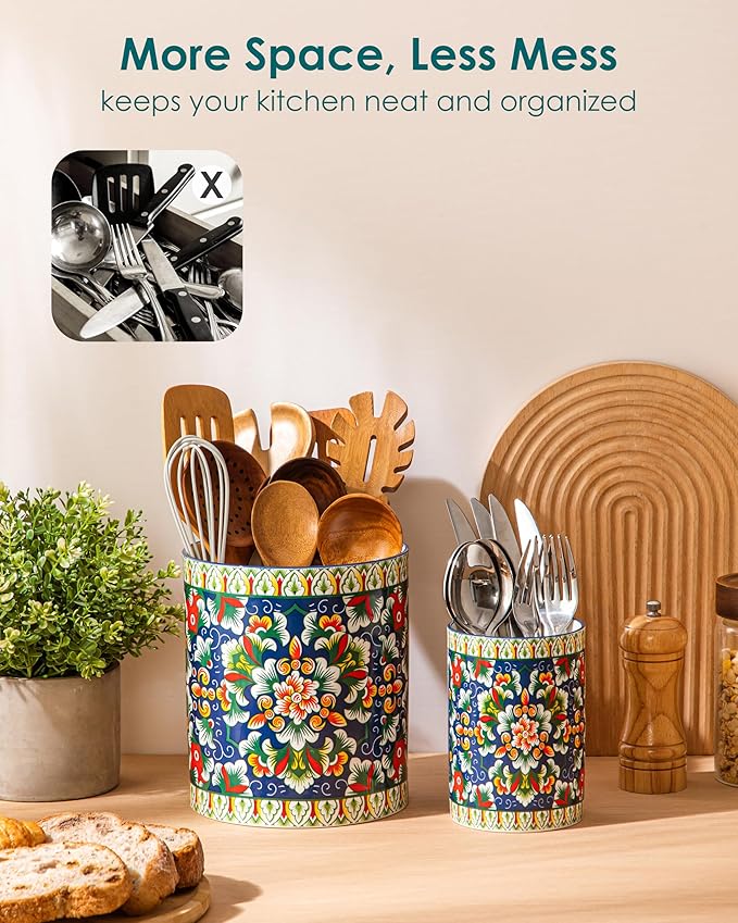 vancasso SIMI Utensil Holder, 7.3"+5.5" Porcelain Kitchen Utensil Holder for Countertop, Bohemian Kitchen Utensil Organizer for Spatulas, Spoons, Decorative Counter Utensil Crock, Verdant Jewel
