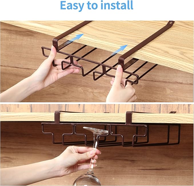 Wine Glass Rack Under Cabinet Drilling Free No Screw Steamware Holder Under Shelf Metal Wine Glasses Holders 304 Stainless Steel Hanger Storage Organizer Hanging Glass Fit for Bar Kitchen 4 Rows Brown