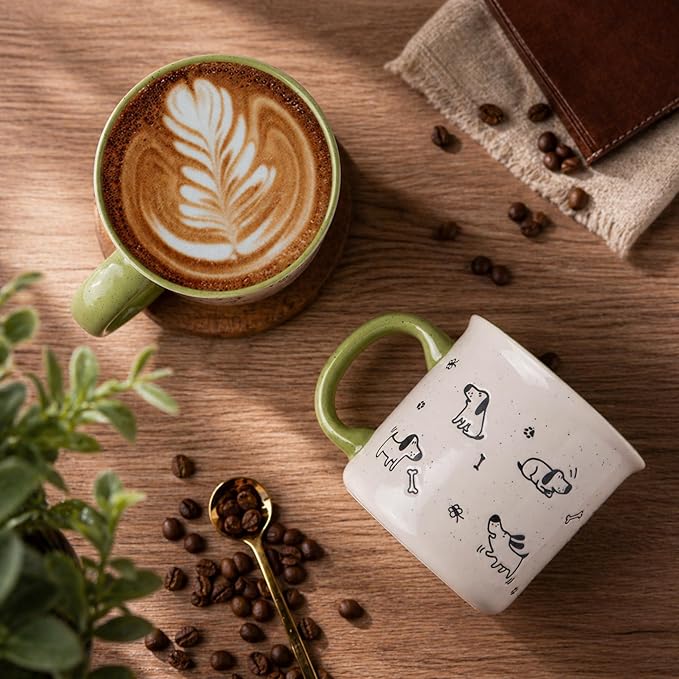 AmorArc 22 OZ Large Ceramic Coffee Mugs Set of 2, Oversized Mugs With Big Handle for Men Women Dad Mom, Big Mug With Textured Dogs Cats Patterns for Office & Home -Microwave Safe, 2 Pcs-Green