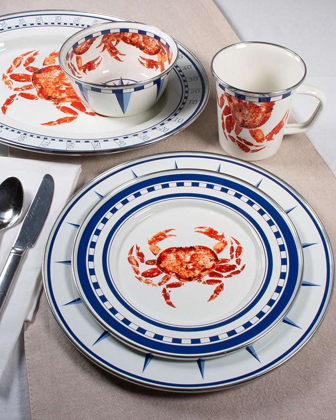 Golden Rabbit Enamelware Latte Coffee or Tea Mugs, 16 ounce, Crab House, Set of 4