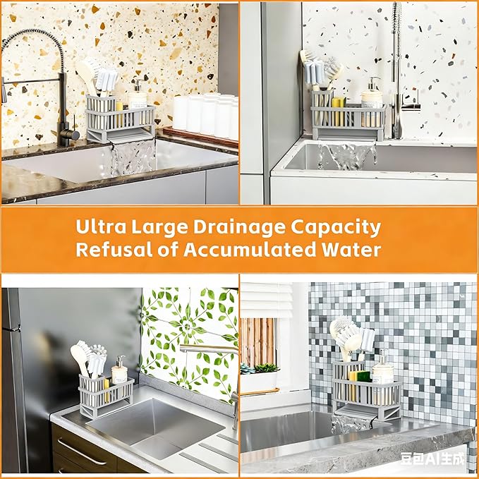 Yieach Rustproof Sink Caddy & Kitchen Sink Organizer,Plastic Dish Sponge Holder with High Scrub Brush Holder,Sponge Rack for Kitchen Sink,Multifunctional Sponge Drain Rack,Dish Soap Caddy & Dispenser