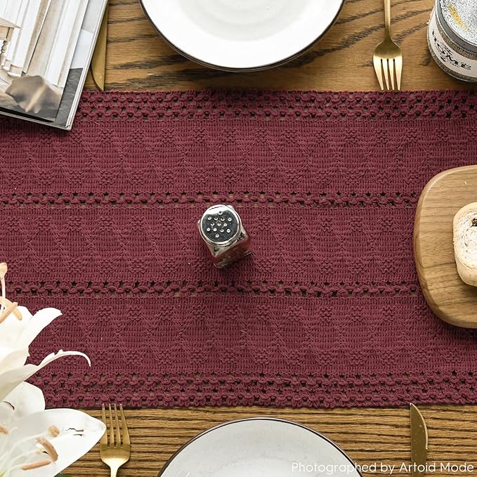 Artoid Mode Red Farmhouse Woven Rustic Hollow Table Runner, Seasonal Holiday Kitchen Dining Table Decoration for Home Party Decor 12x36 Inch