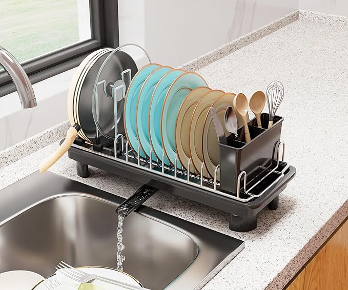 junyuan Compact Dish Drying Rack,Small Dish Rack for Kitchen Counter, Dish Drainer with 360° Rotatable Spout,Plate Rack, Dish Strainer with Cutlery Holder for Pots, Fork & Knives Space Saving