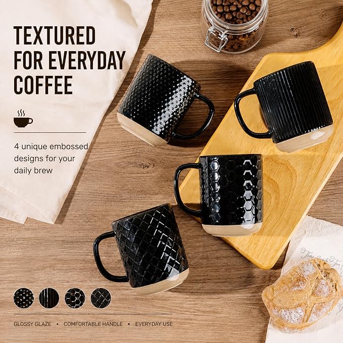 GBhome Large Coffee Mugs Set of 4, 16oz Handmade Stoneware Coffee Mugs Set with Large Handle for Cappuccino/Latte/Tea/Hot Cocoa, Dishwasher & Microwave Safe, Black