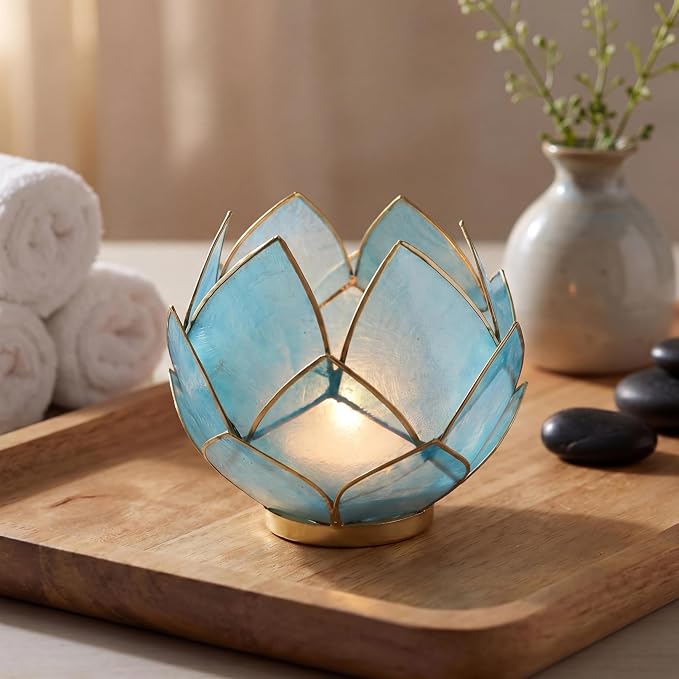 Bowery Hill Handcrafted Capiz Shell Tea Light Holder, Aquamarine Blue, Lotus Flower Design, Translucent Finish, Decorative Candle Holder for Centerpieces, Bathrooms, Meditation Spaces