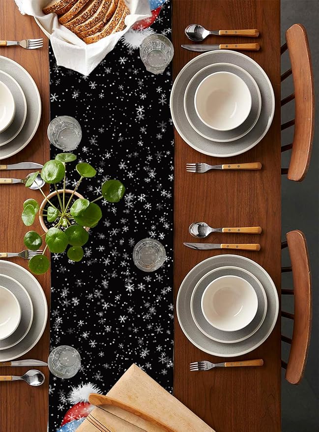 Snowman Christmas Table Runner - 70 Inch Long, Black Xmas Winter Snowflake Dining Table Runner Dresser Scarves, Rustic Let Snow Bird Christmas Decor for Coffee Table Wedding Party Banquet, 13x70 in