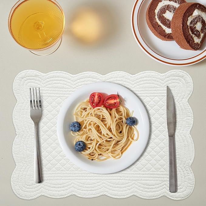 HOMBYS Quilted Placemats Set of 6 Washable-13x18 inches Rectangular Placemats for Kitchen Table-100% Cotton Fabric Rectangular Table Mats, (Cream White)