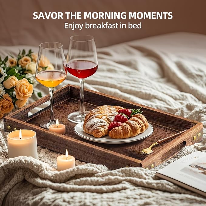 Serving Tray with Handles,15.8"x 11" Wood Decorative Tray for Living Room, Modern Coffee Table Tray, Square Large Serving Platters for Home Decor, Ottoman, Bed, Kitchen, Bathroom, Breakfast, Bar