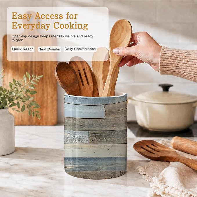 Rustic Wood Grain Kitchen Utensil Holder,Vintage Barn Wooden Ceramic Utensil Crock for Countertop,Cooking Tools Storage jar for Spatulas and Spoons,Housewarming Gifts 6.3"