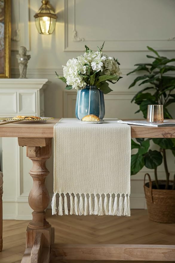 ZeeMart Cream Table Runners 48 Inches Long, Burlap Linen Style Rustic Farmhouse Table Runner, Small Short Boho Coffee Table Runner, 13x48 Inches, Cream