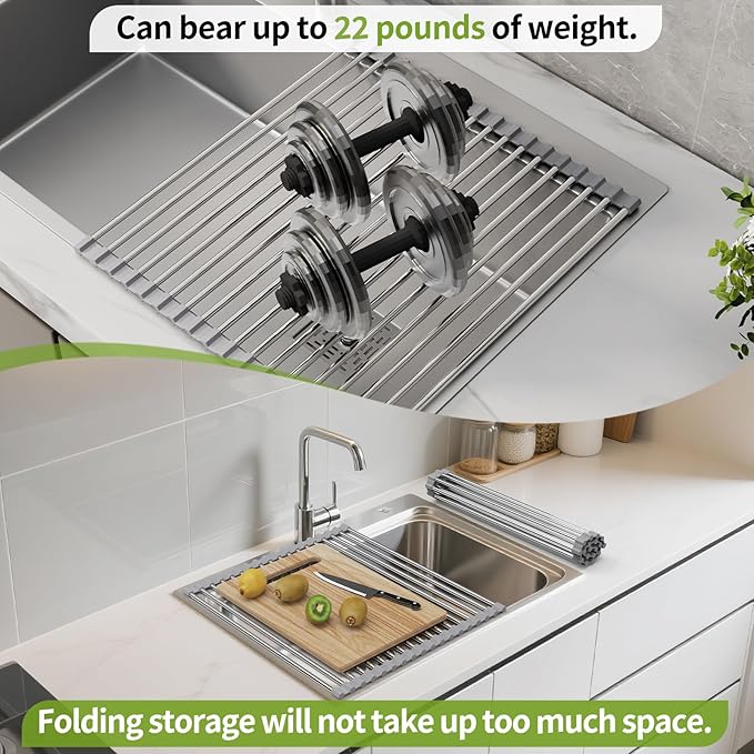 Foldable Over Sink Dish Drying Rack - Stainless Steel Sink Drain Rack with Silicone Edges, Roll-Up Storage for Kitchen, RV, Dorm Sinks (14.5×13.7in)
