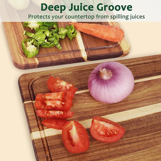 3 Pack Cutting Board Set, Acacia Wood Cutting Boards for Kitchen, Chopping Board with Deep Juice Grooves & Built-in Handle, Charcuterie & Chopping for Meat, Vegetables and Cheese
