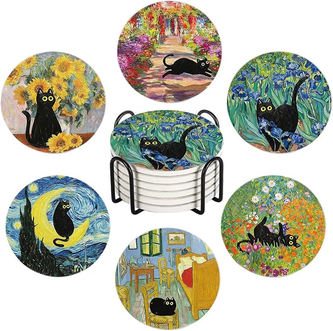 Drink Absorbent Coasters with Holder Set of 6, Ceramic Stone with Cork Base, Cute Black Cat and Art Design Coaster for Drinks, Gift for Housewarming Room Bar Home Decor Kitchen