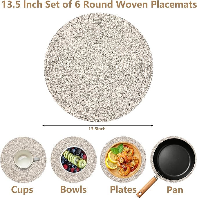 Round Woven Placemats Set of 6, 13.4 Inches Cotton Round Placemats, Heat Resistant Washable Table Mats for Indoor & Outdoor Dining Table Decor