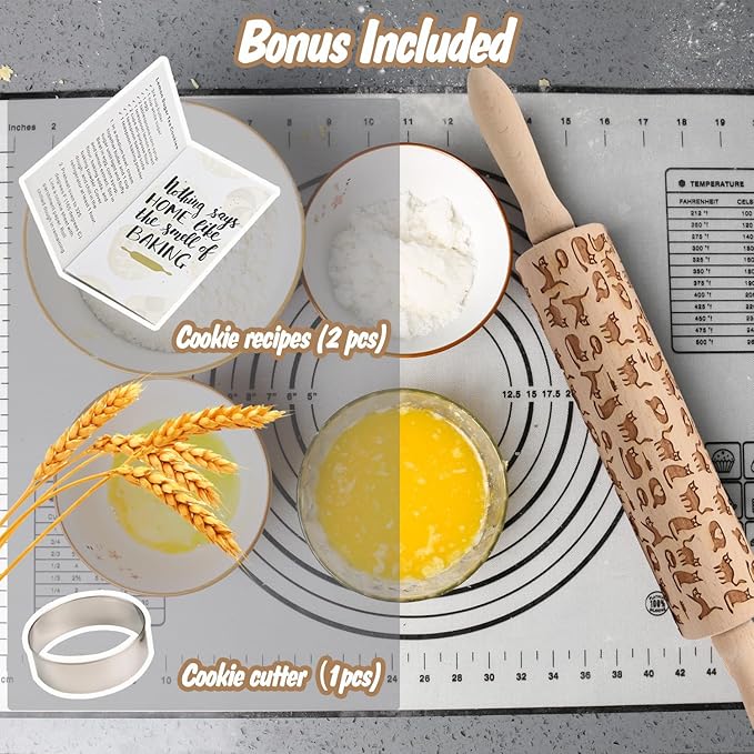 Embossed Rolling Pin for Baking Cookies Embossing Rolling Pins with Design Wooden Engraved Springerle Roller Pin Dough Animal Patterned Clay Pottery Ceramic Stamp Gifts Bakers Women (Cat & Heart)
