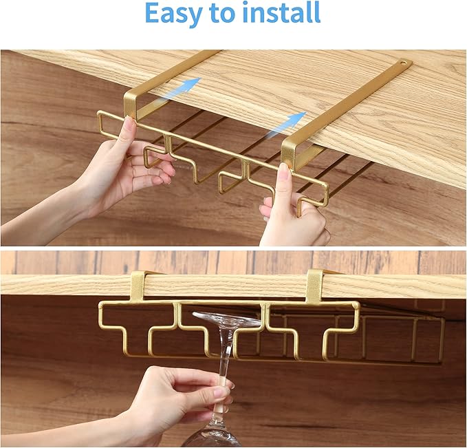 Wine Glass Rack Under Cabinet, Drilling Free No Screw Steamware Holder Under Shelf Metal Wine Glasses Holders 304 Stainless Steel Hanger Storage Organizer Hanging Glass Fit for Bar Kitchen 2 Rows Gold