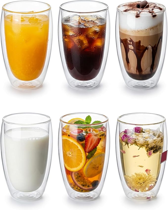 MESNEY 17oz Double Walled Glass Coffee Mugs, Glass Coffee Mugs Set of 48, Insulated Clear Cappuccino Latte Mugs for Home, Cafe & Restaurant, Durable Stackable Drinking Glasses