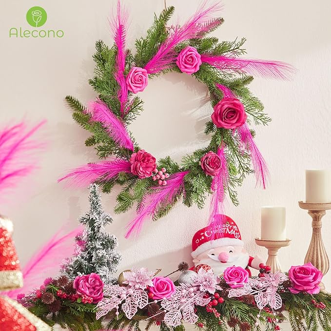 Alecono Hot Pink Pampas Grass 17in 𝟯𝟬𝙋𝙘𝙨, Artificial Faux Fluffy Pampas Grass Decor for Home Wedding Centerpieces Party