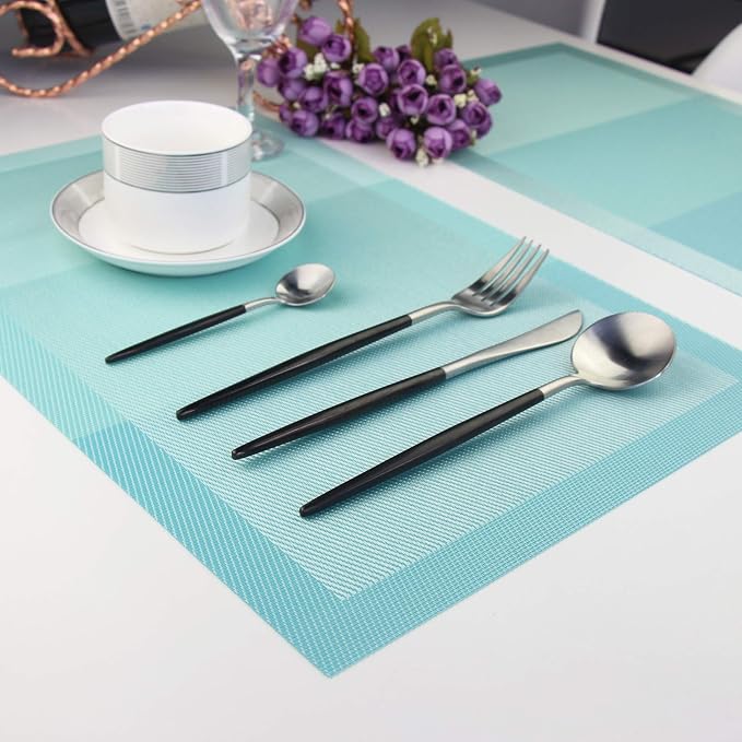 PIGCHCY Placemats Non-Slip Plastic Placemats,Easy to Clean Woven Vinyl Placemats for Dining Table 18x12 Inches Washable Table Mats Set of 6 (Turquoise)
