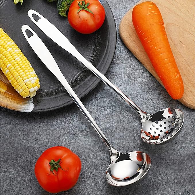 Soup Spoon Stainless Steel Heavy Duty Big Soup Ladle Colander Serving Spoon with Attractive Mirror Finish, Perfect for Hotpot Stirring, Serving Soup, Deep Wide Enough 2PCS (Soup Spoons - 12")