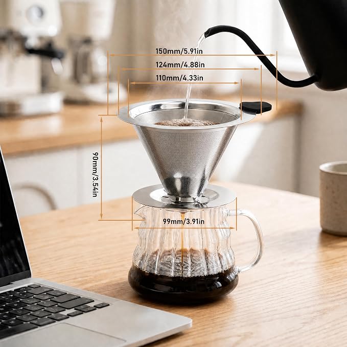 Pour Over Coffee Dripper, Reusable Cone Stainless Steel Coffee Filter, Double Layer Fine Mesh Paperless Coffee Maker with Coffee Spoon and Cleaning Brush for 3–4 Cups