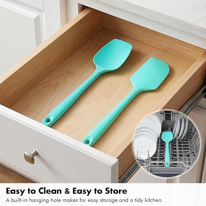 Silicone Spoonula Set: 600ºF Heat Resistant Food Grade Cooking Baking Utensils, Kitchen Flexible Nonstick Rubber Pan Spoon Spatula for Mixing, Scrambling, Scooping (3 Pieces, Aqua Sky)